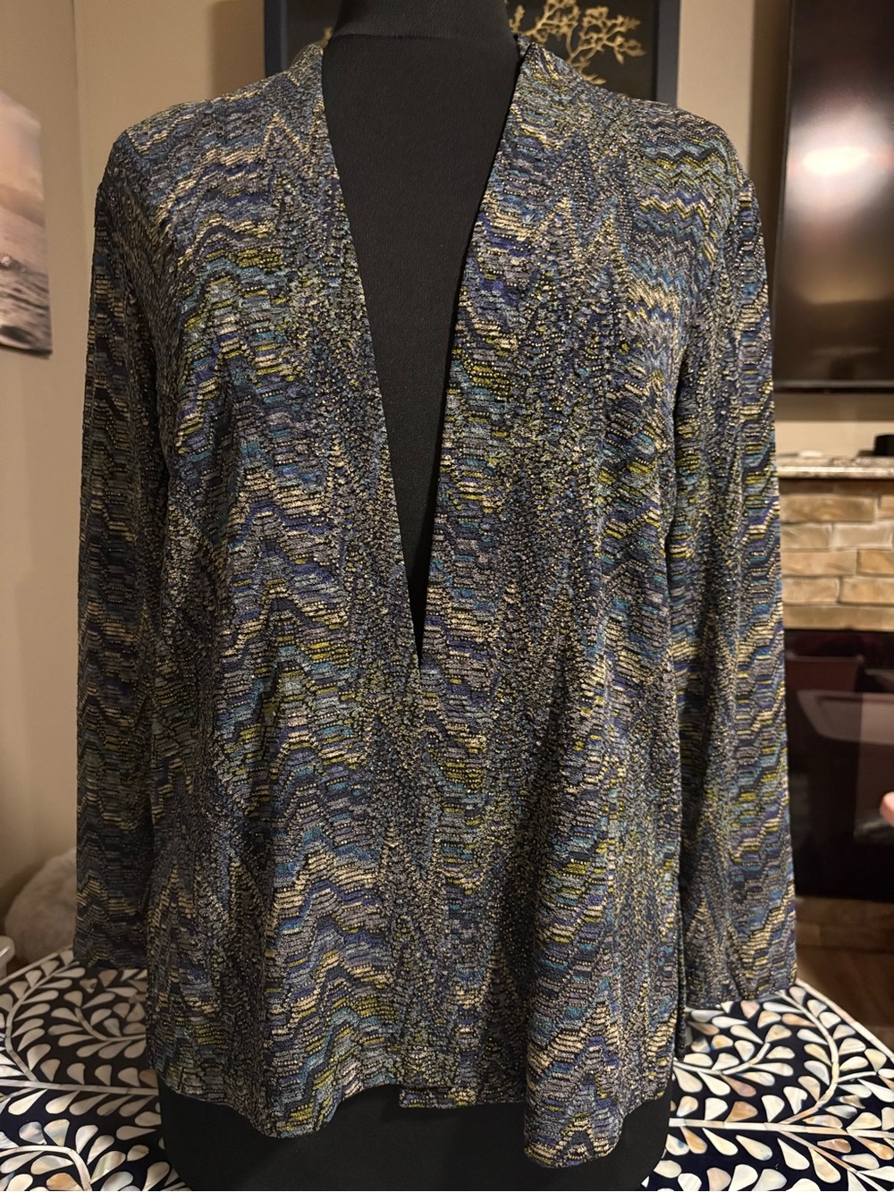 Women’s V-Neck Knit Cardigan in Blue and Olive